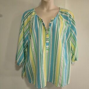 Talbots Plus Size 3X Striped Multicolor Cotton Top Light Weight Pullover Blouse